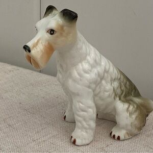 Vintage Dog figurine White Fox Terrier dog sitting brown ears 1950s MCM